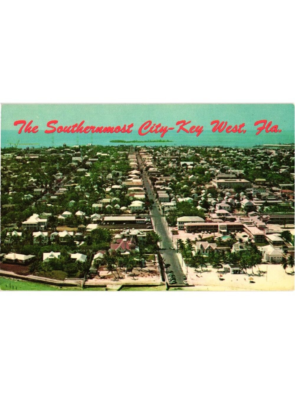 Key West Florida 1960s Aerial View Linen Postcard Southernmost City Landmark